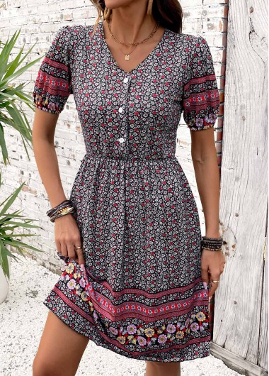 women clothes image of Multi Color Shirred Tribal Print Short Sleeve Dress