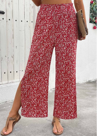women clothes image of Wine Red Flowy Ditsy Floral Print Wide Leg Pants