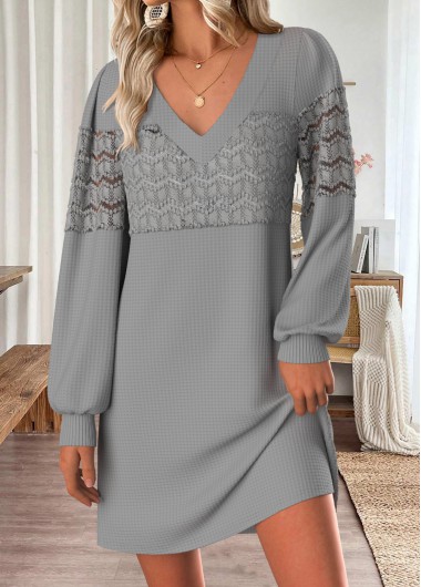 women clothes image of Grey Tummy Coverage Short Long Sleeve V Neck Dress