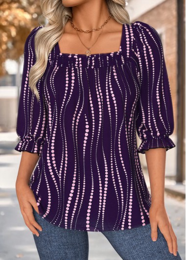 women clothes image of Dark Purple Patchwork Wave Pattern Print 3/4 Sleeve Blouse