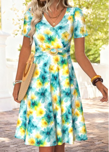 women clothes image of Cyan Tummy Coverage Floral Print Short V Neck Dress
