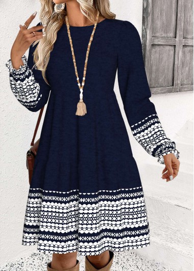 women clothes image of Navy Tummy Coverage Striped Long Sleeve Round Neck Dress
