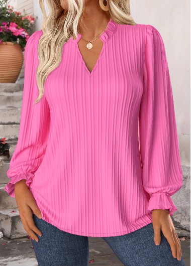 women clothes image of Hot Pink Curved Hem Long Sleeve Split Neck Blouse