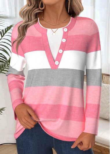 women clothes image of Pink Tummy Coverage Striped Long Sleeve T Shirt