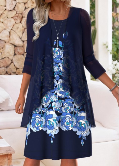 women clothes image of Dark Blue Tummy Coverage Floral Print Dress and Cardigan