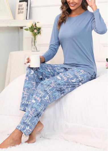 women clothes image of Dusty Blue Letter Print Lounge Top and Pants