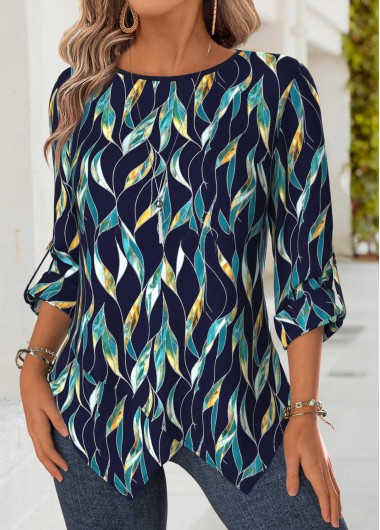 women clothes image of Navy Tummy Coverage Leaf Print Long Sleeve Blouse
