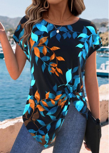 women clothes image of Multi Color Tummy Coverage Leaf Print T Shirt