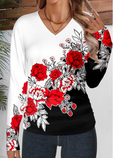 women clothes image of Multi Color Shirred Floral Print Long Sleeve T Shirt