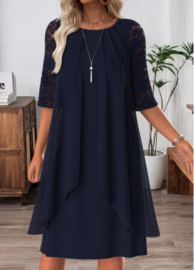 women clothes image of Navy Tummy Coverage Half Sleeve Round Neck Dress