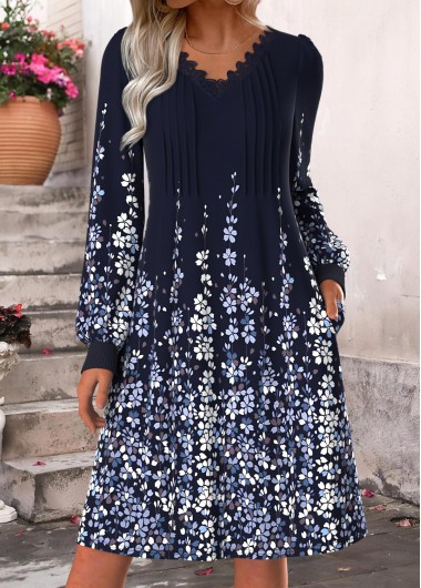 women clothes image of Dark Blue Tummy Coverage Floral Print Long Sleeve Dress