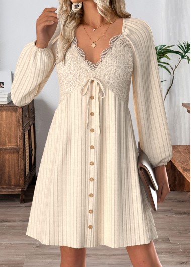 women clothes image of Beige Tummy Coverage Short Long Sleeve V Neck Dress
