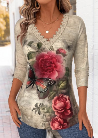 women clothes image of Light Camel Tummy Coverage Floral Print T Shirt