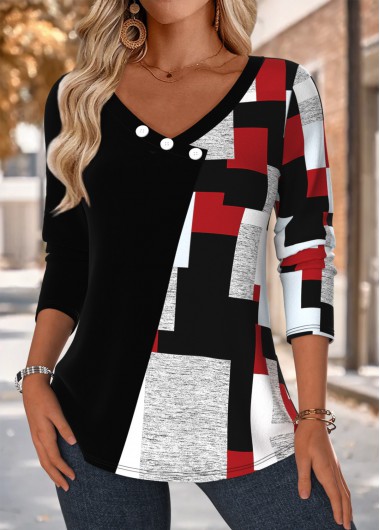 women clothes image of Black Patchwork Geometric Print Long Sleeve T Shirt