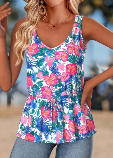 women clothes image of Hot Pink Peplum Tropical Plants Print Sleeveless Tank Top