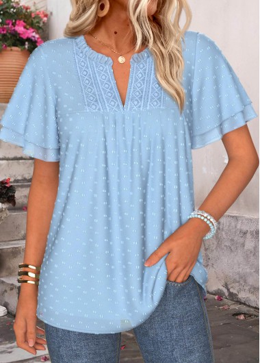 women clothes image of Light Blue Patchwork Short Sleeve Split Neck Blouse