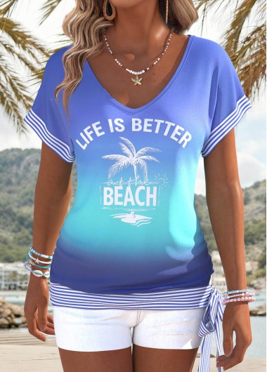 women clothes image of Blue Tummy Coverage Ombre Short Sleeve T Shirt