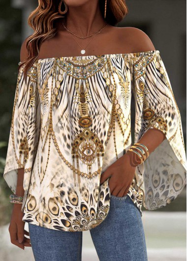women clothes image of Beige Tummy Coverage Leopard 3/4 Sleeve Off Shoulder Blouse