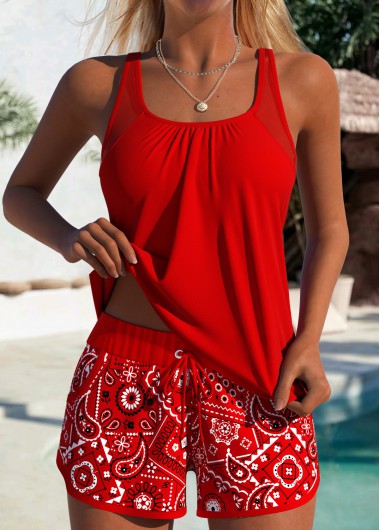 women clothes image of Tummy Coverage Mid Waisted Paisley Print Red Tankini Set