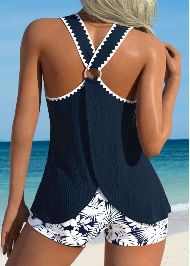 women clothes image of Tummy Coverage Mid Waisted Floral Print Navy Tankini Set