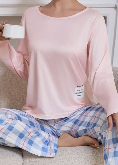 women clothes image of Light Pink Plaid Long Sleeve Lounge Top and Pants