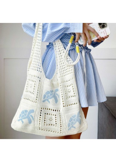 women clothes image of Dusty Blue Marine Life Print Open Shoulder Bag