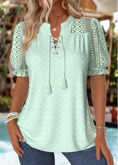 women clothes image of Mint Green Tummy Coverage Short Sleeve Split Neck Blouse