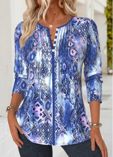 women clothes image of Purplish Blue Tummy Coverage Tribal Print Long Sleeve Blouse