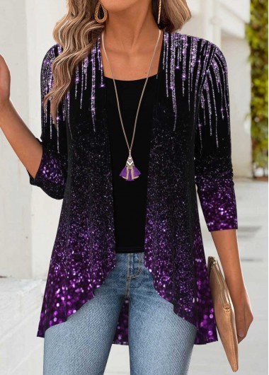women clothes image of Purple Tummy Coverage Ombre Long Sleeve Lightweight Cardigan