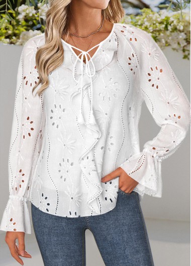 women clothes image of White Ruffle Long Sleeve Split Neck Blouse