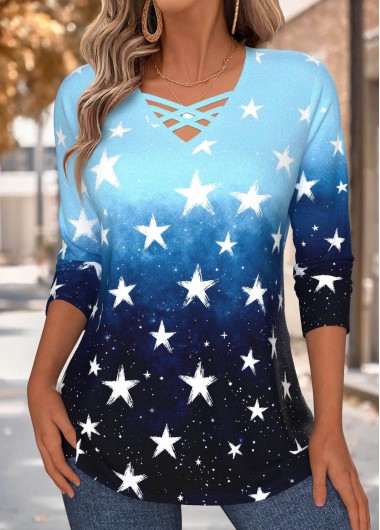 women clothes image of Sky Blue Tummy Coverage Geometric Print T Shirt