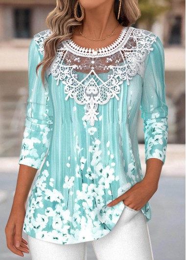 women clothes image of Cyan Tummy Coverage Floral Print Long Sleeve T Shirt