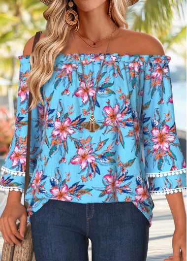 women clothes image of Sky Blue Tummy Coverage Floral Print 3/4 Sleeve Blouse