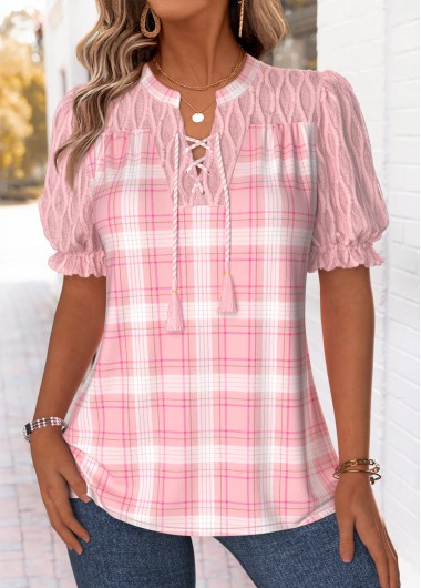 women clothes image of Pink Patchwork Plaid Short Sleeve Split Neck Blouse