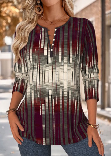 women clothes image of Multi Color Button Geometric Print Long Sleeve Blouse