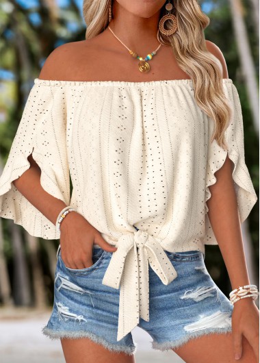 women clothes image of Beige Tummy Coverage Half Sleeve Off Shoulder Blouse