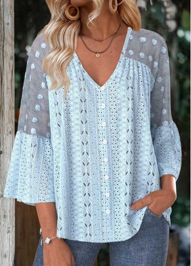 women clothes image of Light Blue Tummy Coverage 3/4 Sleeve V Neck Blouse