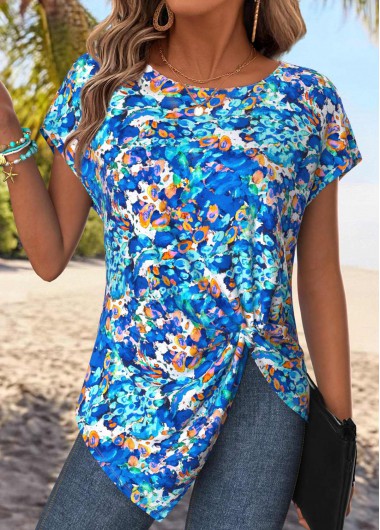 women clothes image of Blue Tummy Coverage Tie Dye Print T Shirt