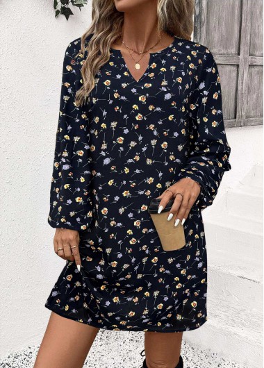 women clothes image of Navy Tummy Coverage Ditsy Floral Print Long Sleeve Dress