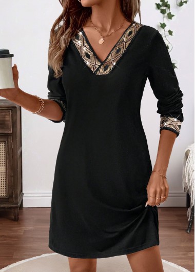 women clothes image of Black Tummy Coverage Long Sleeve V Neck Dress