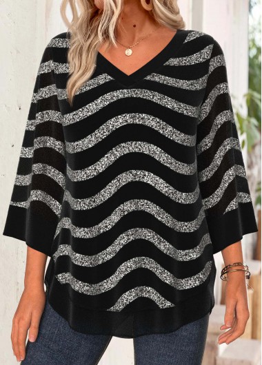 women clothes image of Black Tummy Coverage Striped Long Sleeve V Neck Blouse