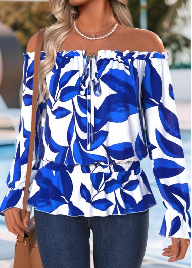 women clothes image of Royal Blue Frill Leaf Print 3/4 Sleeve Blouse