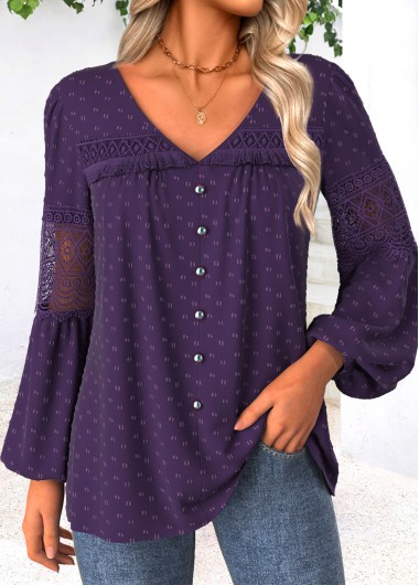 women clothes image of Dark Purple Tummy Coverage Long Sleeve V Neck Blouse