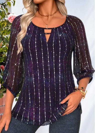 women clothes image of Dark Purple Tummy Coverage 3/4 Sleeve Scoop Neck Blouse