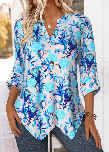 women clothes image of Blue Handkerchief Hem Floral Print 3/4 Sleeve Blouse