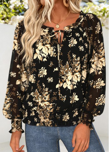 women clothes image of Black Smocked Floral Print Long Sleeve Round Neck Blouse