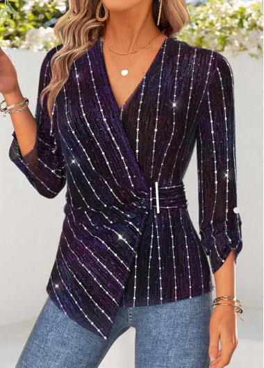 women clothes image of Purple Peplum Long Sleeve V Neck Blouse