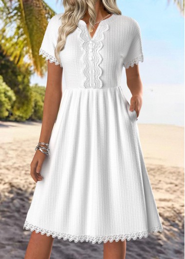 women clothes image of White Tummy Coverage Short Sleeve Split Neck Dress