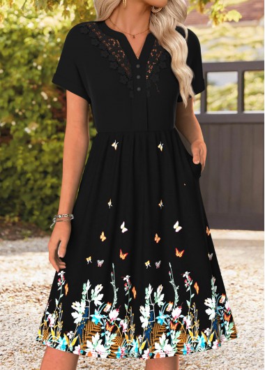women clothes image of Black Tummy Coverage Floral Print Short Sleeve Dress