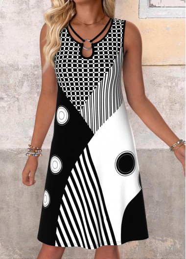women clothes image of Black Tummy Coverage Geometric Print Sleeveless Round Neck Dress